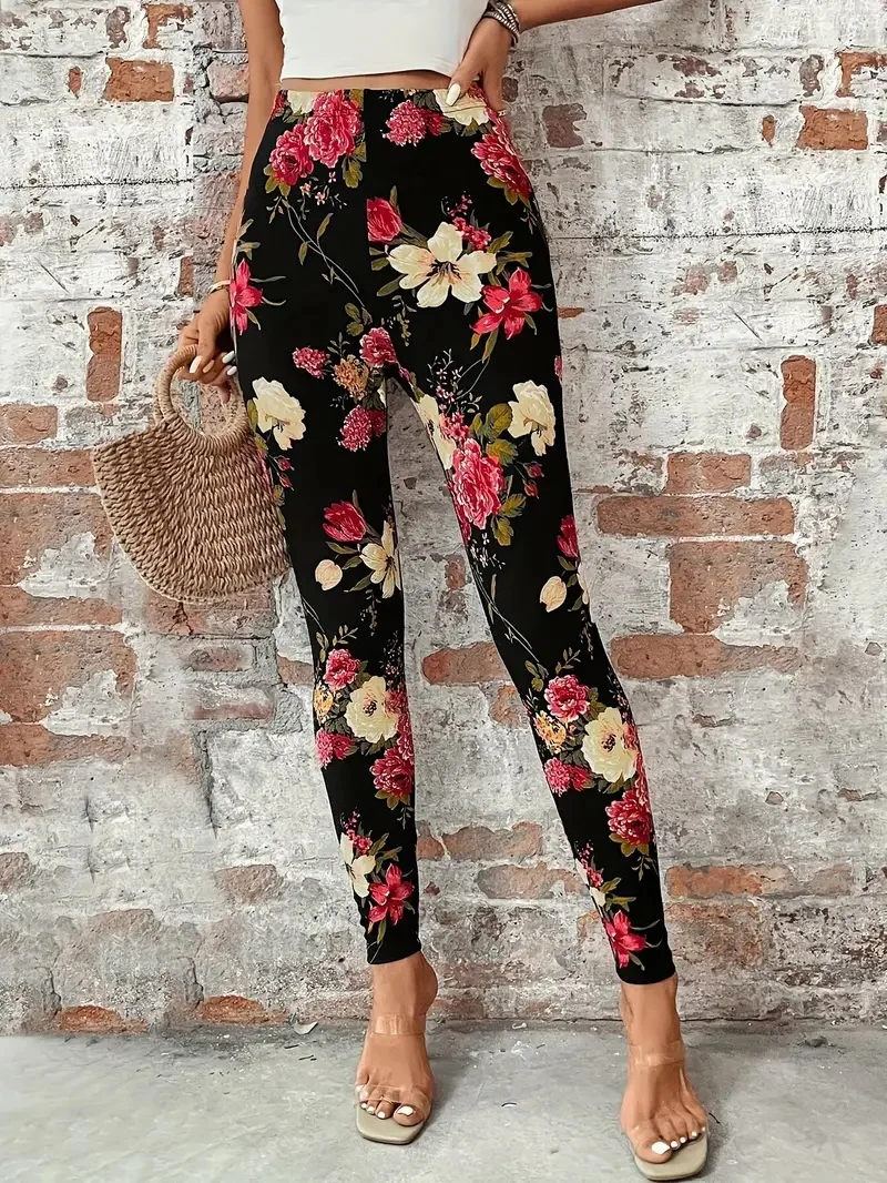 Floral print casual hip lift elastic elastic waist tight-fitting daily wear travel working women\'s leggings