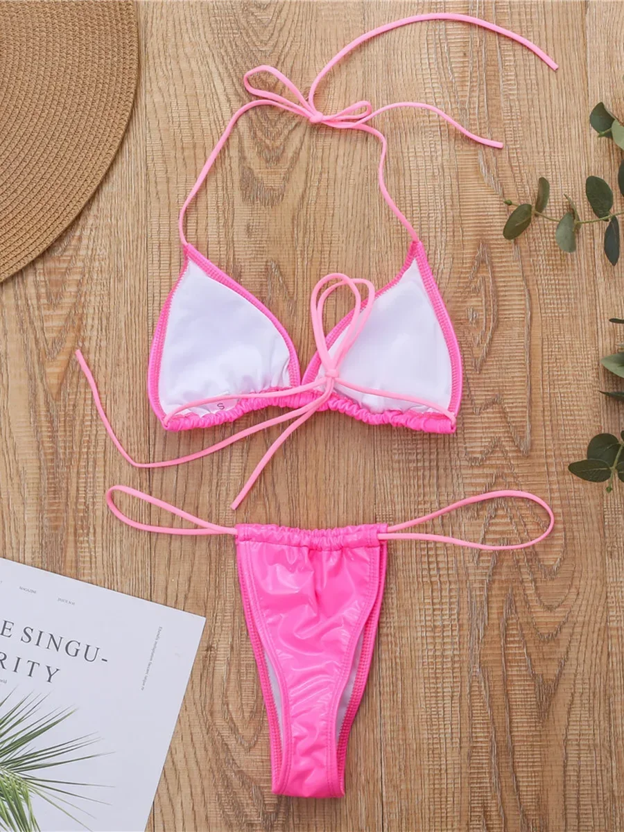 Brillant PU Mini Micro Bikini 2025 femmes maillot de bain femme maillot de bain brésilien deux pièces Bikini ensemble coupe haute maillot de bain bain dame