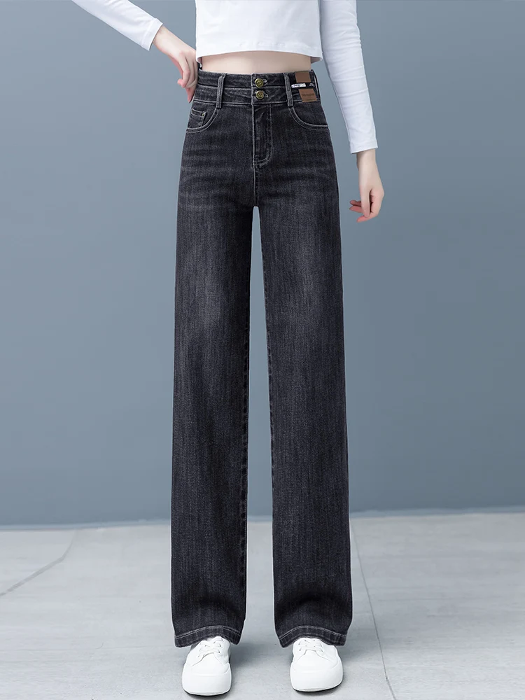 

Джинсы с высокой талией и широкими штанинами, женские, прямого кроя, повседневные, ретро, свободные, из хлопкового стрейч-денима, весна-осень, новинка