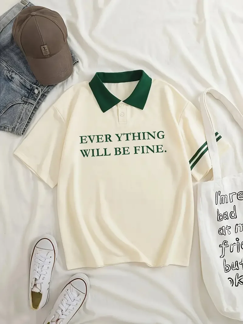 

Letter Graphic Casual Style Women's Fashion Versatile Short Sleeve Golf Polo Shirt With Contrast Collar, Women's Activewear