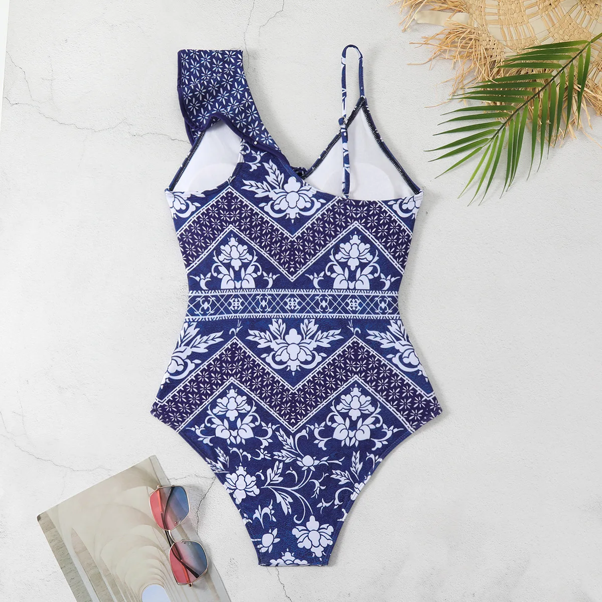 Deep V-Neck One Shoulder Ruffle Print One-Piece Swimsuit Bikini Woman Sexy Swimwear Suits Bodysuit Monokini Beachwear Skirt