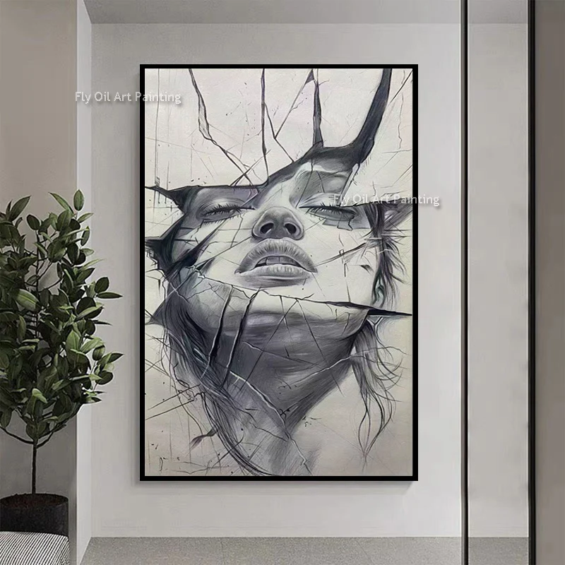 Original Gray White Women Face Abstract Oil Painting Handpainted New Fashion Design Brown Red Beige Girl Canvas Oil Painting