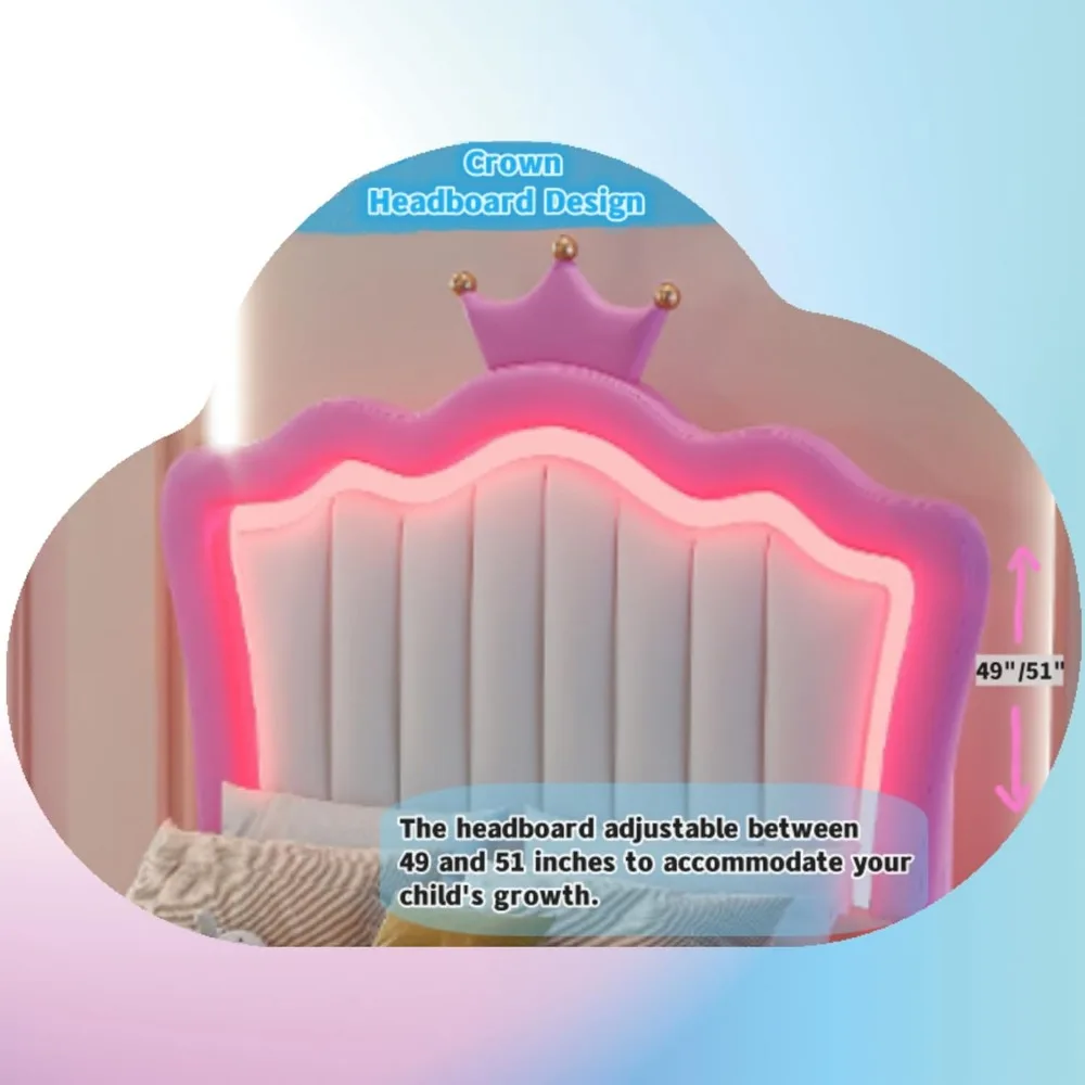 Двойной мягкий каркас кровати со светодиодной подсветкой, современная мягкая кровать принцессы с изголовьем с короной, ящик, розовый + белый