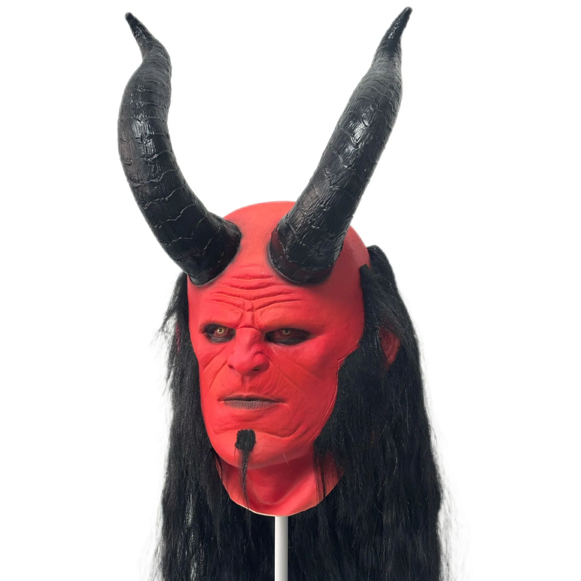 Rote Dämonen-Vollkopf-Latexmaske mit langen schwarzen Haaren, großem Horn, Monstermaske für Erwachsene, Halloween-Cosplay, Maskerade, Karnevalsparty-Requisite – Detail 3