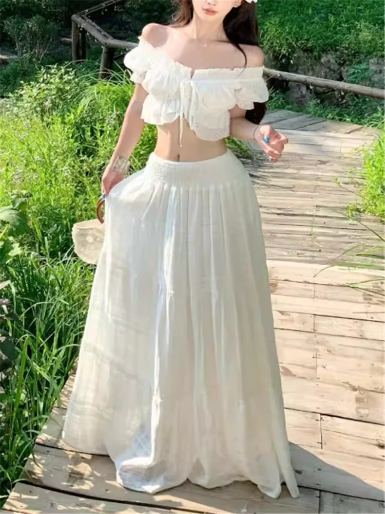 

New 2026 Summer Chic Holiday Beach Sexy White Long Dress 2 Pieces Off Shoulder Slash Neck Short Shirt&High Waist Maxi Skirt Sets
