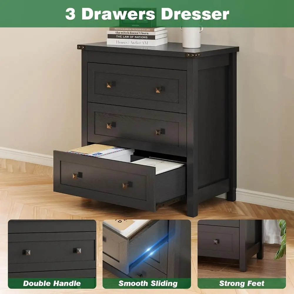 3-Drawer Farmhouse Style Nightstand, Compact Bedroom Storage Cabinet, Modern Black Organizer for Living Spaces