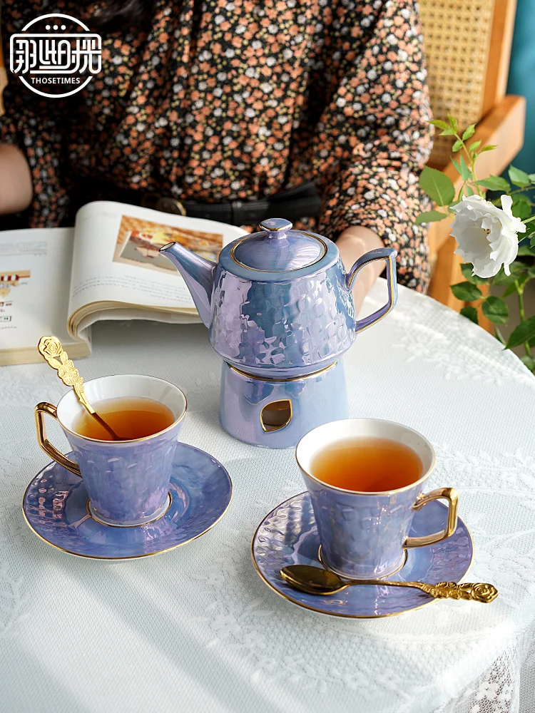 

Luxury Ceramics Teapot and Cup Set with Warmer Premium Pearl Glazed Porcelain Afternoon Tea Set Bone China Coffee Cups for Gifts