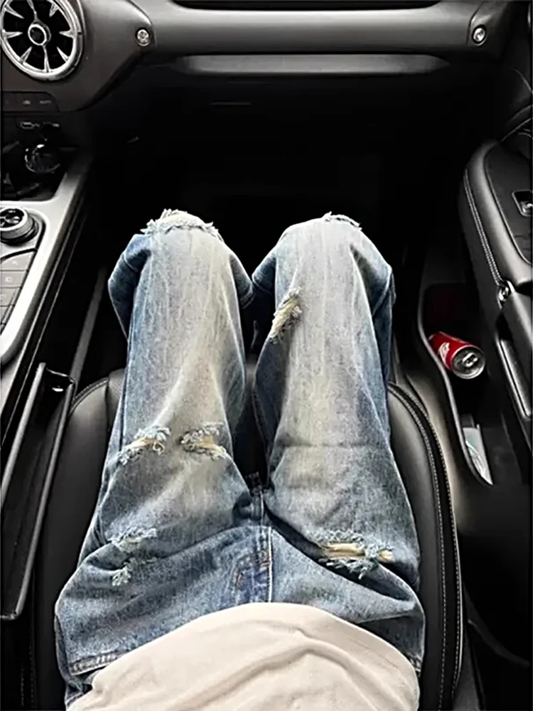 Calça jeans retrô azul desbotada masculina, calça reta de perna reta com micro alargamento e padrão de relâmpago
