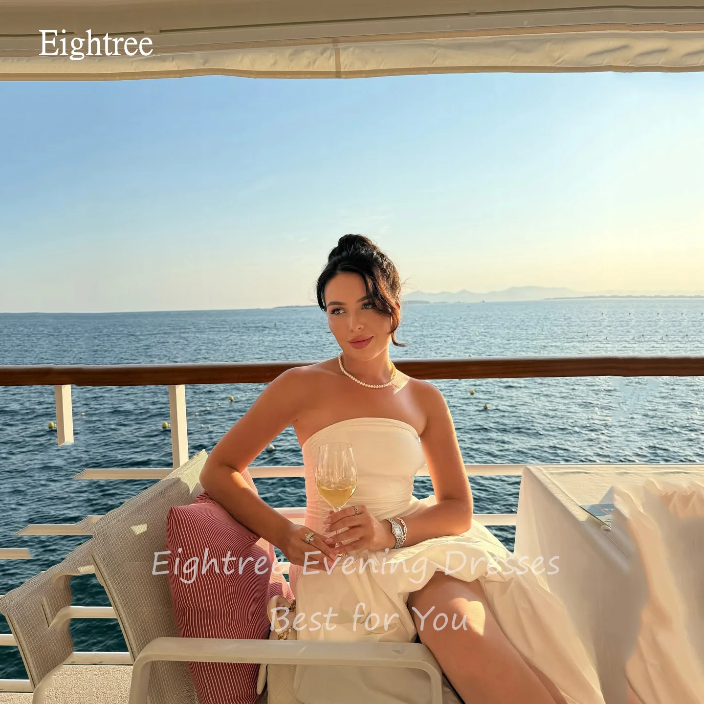 Eightree فساتين سهرة عصرية عاجية بدون حمالات على شكل حرف a من التفتا بفتحة جانبية فستان حفلات بطول الأرض حسب الطلب