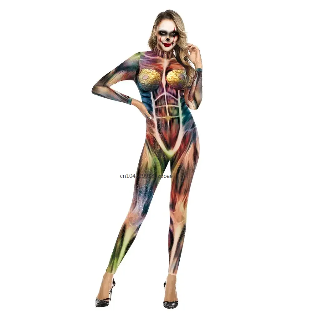 Halloween scheletro muscolare stampato Costume Cosplay moda manica lunga Spandex tuta Stretch Partywear Zentai Catsuit