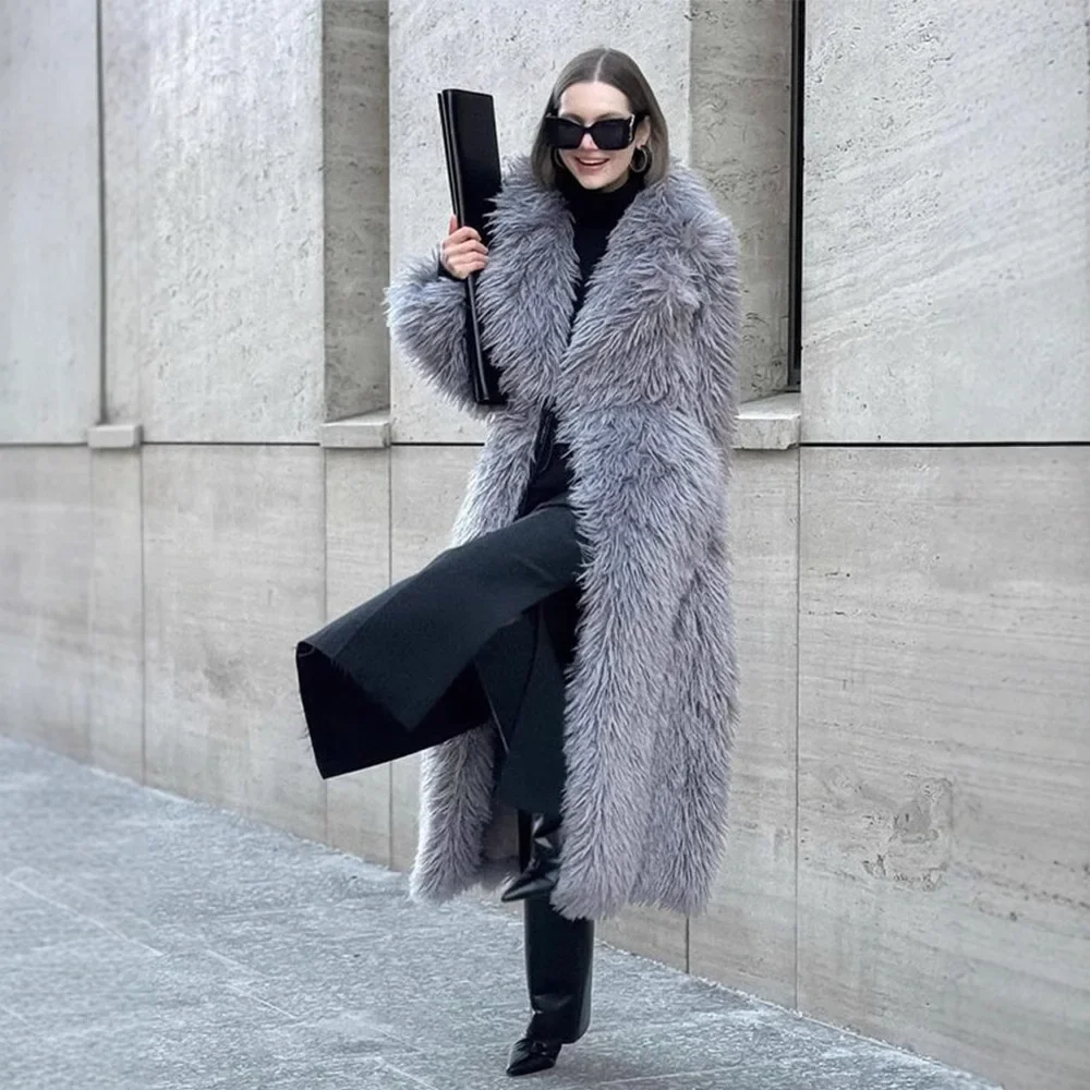 Mantel Bulu Imitasi Panjang Wanita Y2k Mantel Tebal Hangat Berbulu Kerah Lipat Y2k Jaket Streetwear Elegan Musim Gugur Musim Dingin Jaket Maxi