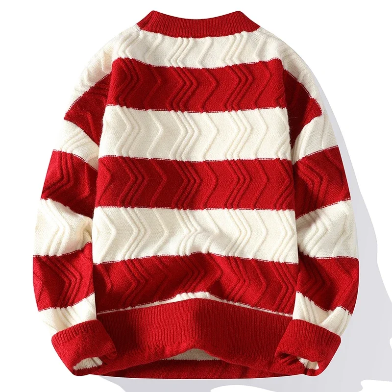 2024New Autumn Winter Top Grade Luxury Striped Christmas Pullovers Korean Fashion Mens Sweaters Thick Warm Loose Sweater Men