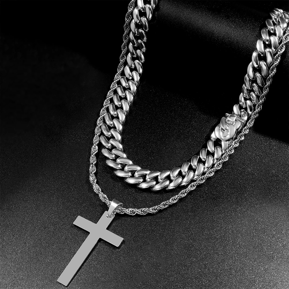 2Pcs Stainless Steel Rope Chain Christian Cross Necklace Women Men 13MM Metal Cuban Link Chain Necklace Punk Hip Hop Jewelry