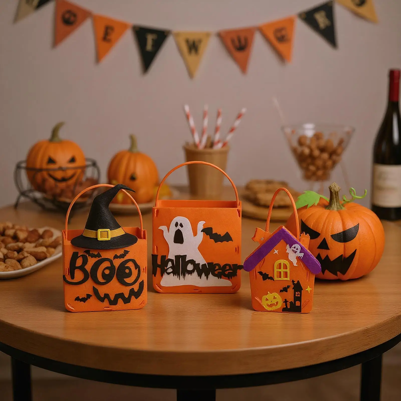 Halloween Treat Bags 4 Pieces Pumpkin Ghost Bat Witch Hat Snack Bag Cute Felt Bucket Goodie Candy Chocolate Container Party