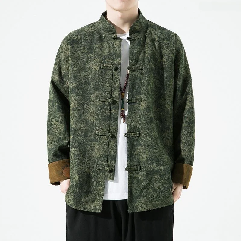 

New Chinese Sle Printed Long Sve Performance Jaet Men's Hanfu Outerwear Coat Button up Youth Faion Spring Autumn