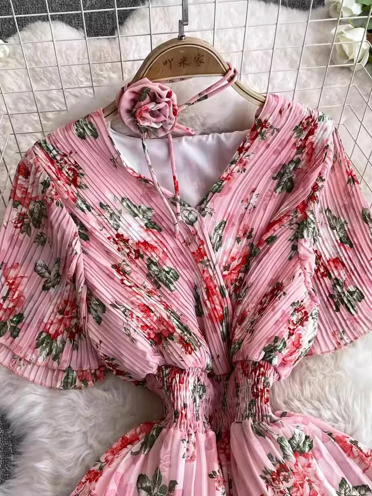 Summer Women Floral Draped Long Dress  Beach Vacation Vestidos Female White/Pink/Purple Short Sleeve V-Neck Robe New Vestidoes