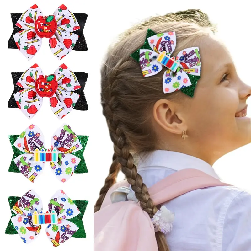 

ncmama 2Pcs New Back To School Hair Accessories for Kids Girls Cute Pencil Print Ribbon Bow Hair Clip Student Hairpin Headwear