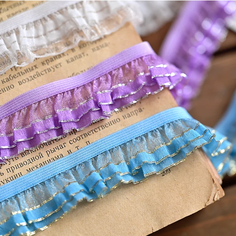 Bilateral Ruffle Stretchy Lace Trim Fabric for Home Decor, Colored Elastic Ribbon, DIY Patchwork, Cute, 3 Yards, 1cm Width