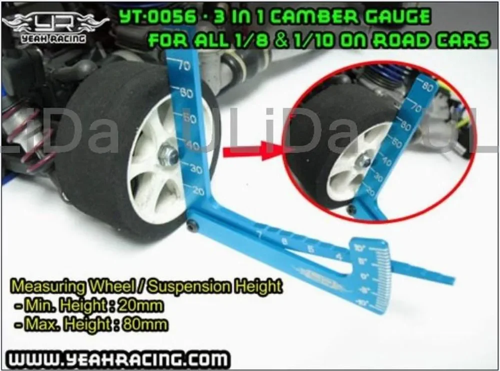 Yeah Racing 3 in 1 Camber Gauge Metal Set Up Tool chassis Suspension Wheel Camber Ride Height YT-0056 1/8 1/10 RC Car