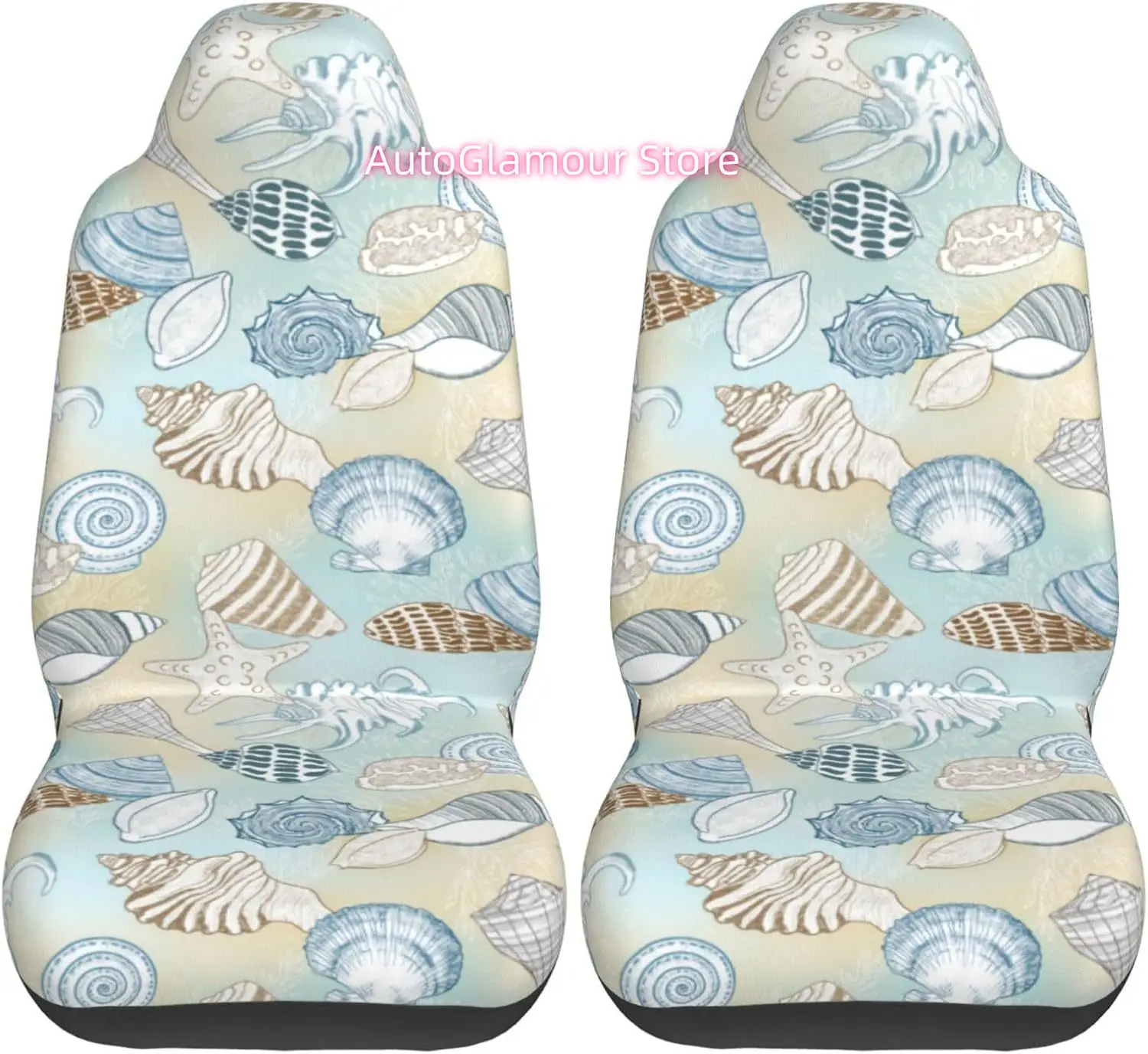 Beach Seashells Pattern Coastal 2-Piece   Seat Cover Complete Set - Elastic Seat Protection Cover for Cars, Trucks,