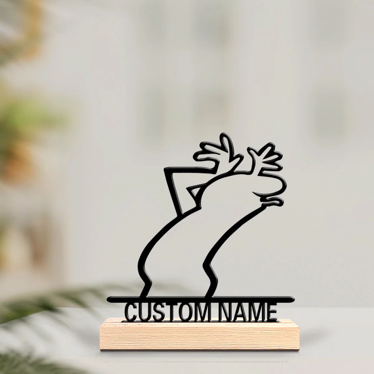1pc Romantic Personalized Custom Quirky Line Person Metal Statues Desktop Sculpture With Wooden Base, Suitable For Office, B