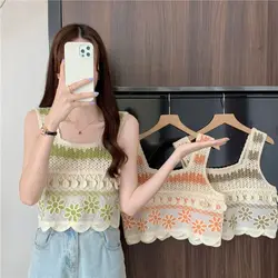 Retro Crochet Embroidery Pattern Knitted Tank Top Sleeveless Vest Summer Fashion Short Top