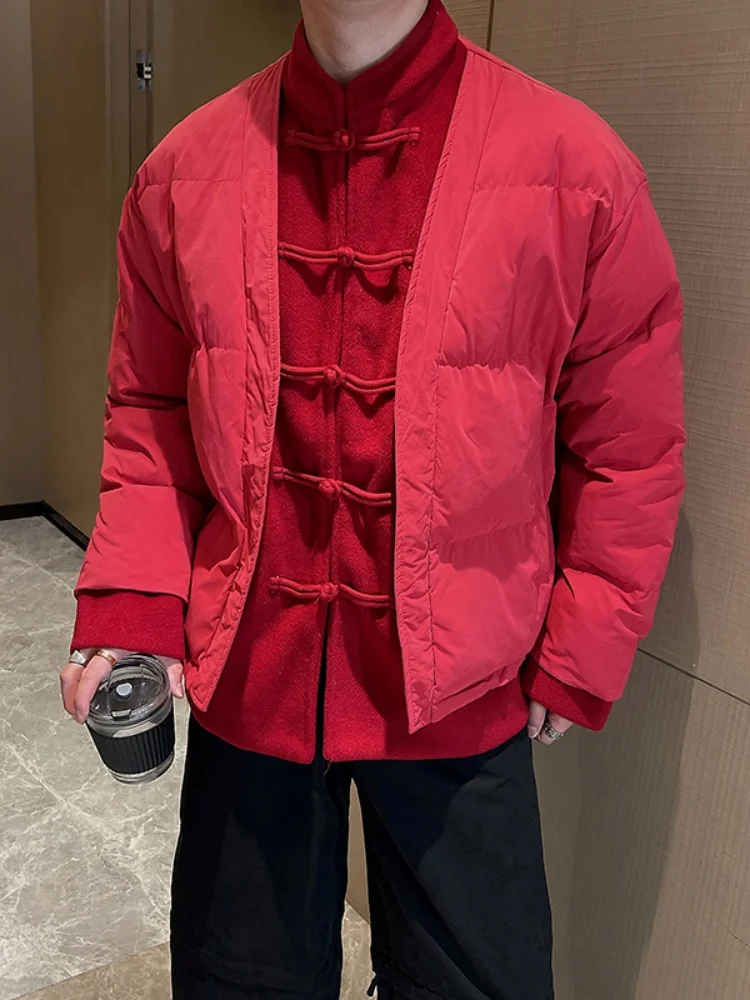 

Китайская утепленная зимняя куртка для мужчин и молодежи, повседневная, красная, с воротником-стойкой, на хлопковой подкладке, традиционная верхняя одежда в стиле Ханьфу