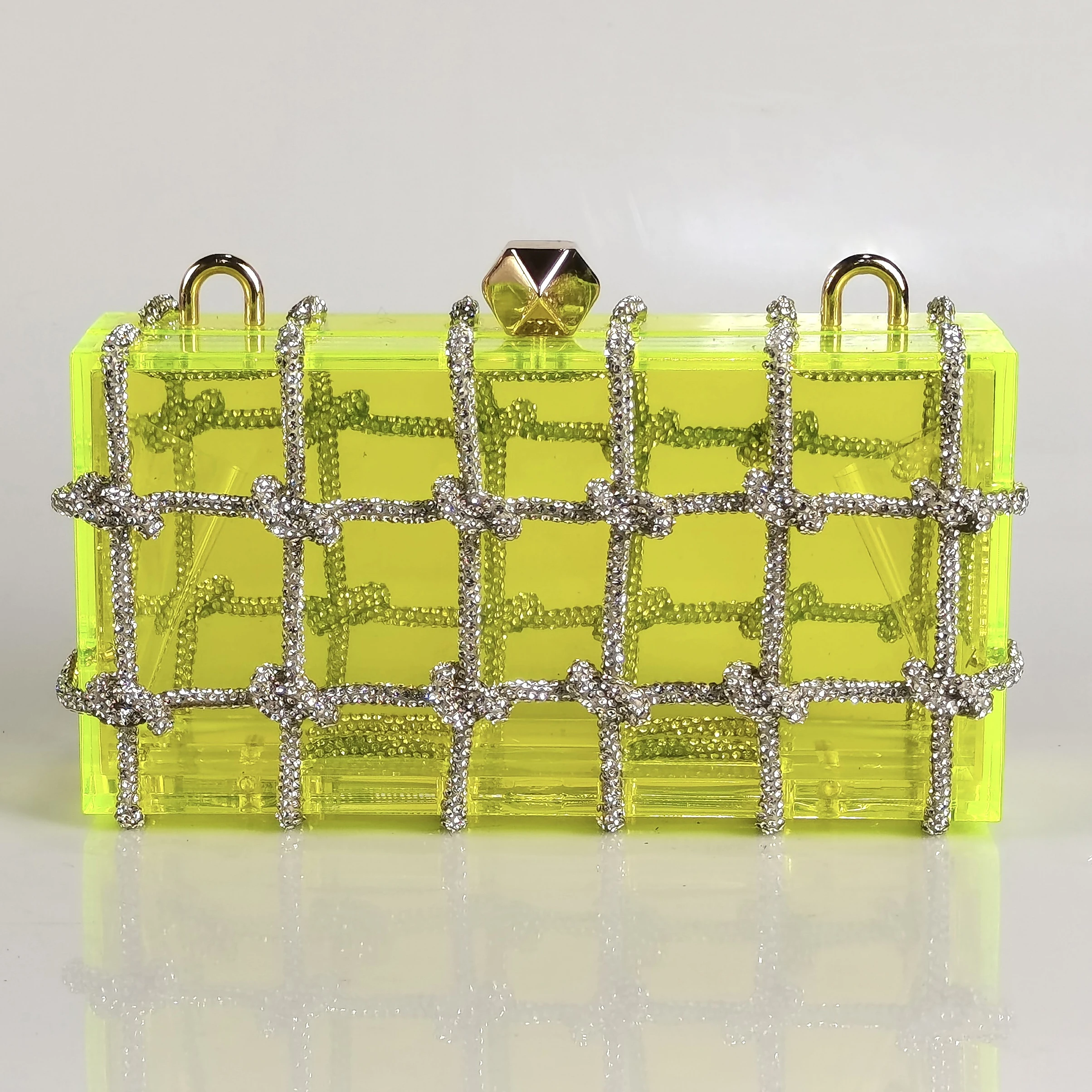 

2024 Fashion Bright Color Acrylic Evening Bag Luxury Rhinestones Designer Boutique Clutch Chic Ladies Woven Knotted Chain Purse