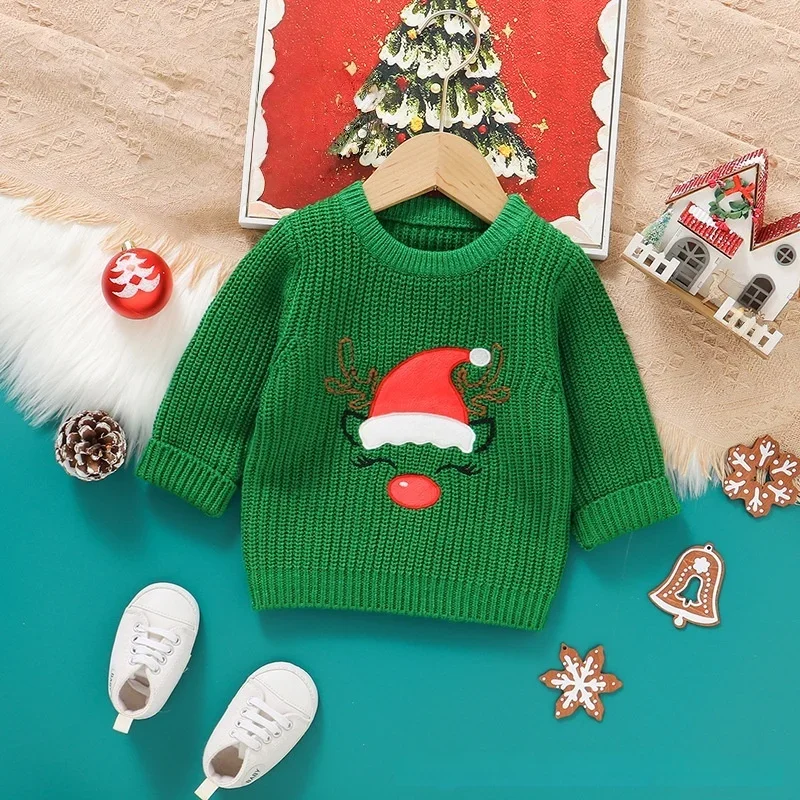 

Christmas Reindeer Embroidered Baby Sweater 0-3T Infant Red Green Knit Top Festive Toddler Winter Warm Clothes