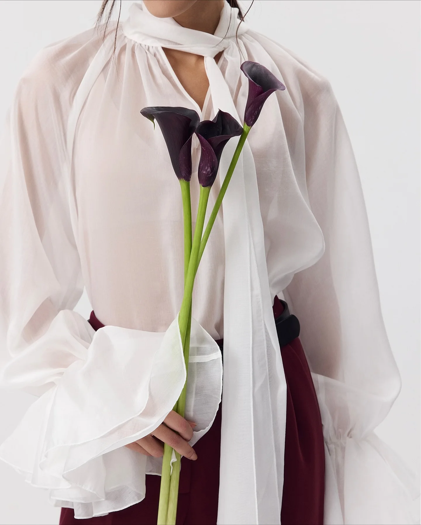 

2025 Women's Clothing Autumn and Winter New Ruffle Shirt French Temperament V-neck Streamer Ice Silk Horn Sleeve Top