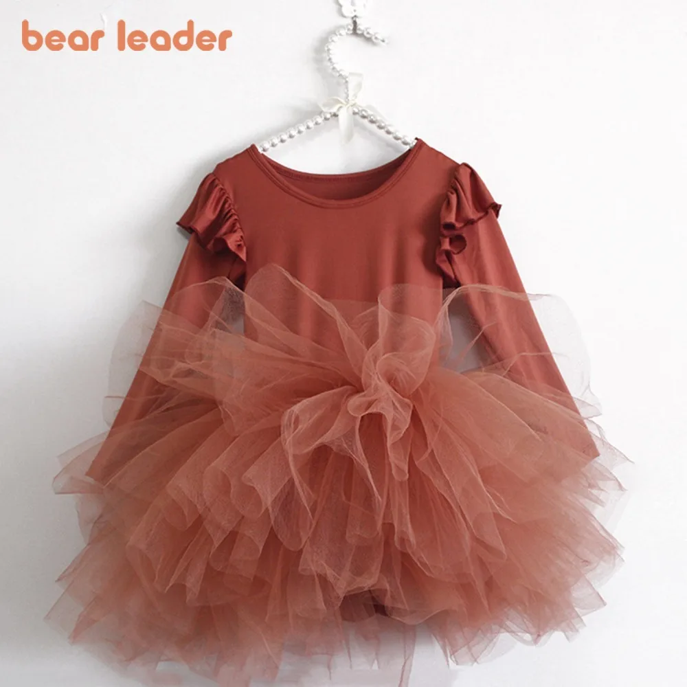 

Bear Leader 2025 Spring and Autumn New Long Sleeve Girls' Dance Dresses Solid Color Mesh Splicing Ballet Dress 3-7 Years Old