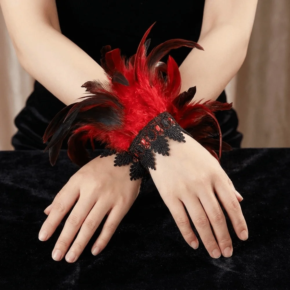 New Black Lace Fluffy Feather Wrist Cuffs Lightweight Adjustable Halloween Arm Cuff Gloves Gothic Chic Wristband Themed Party