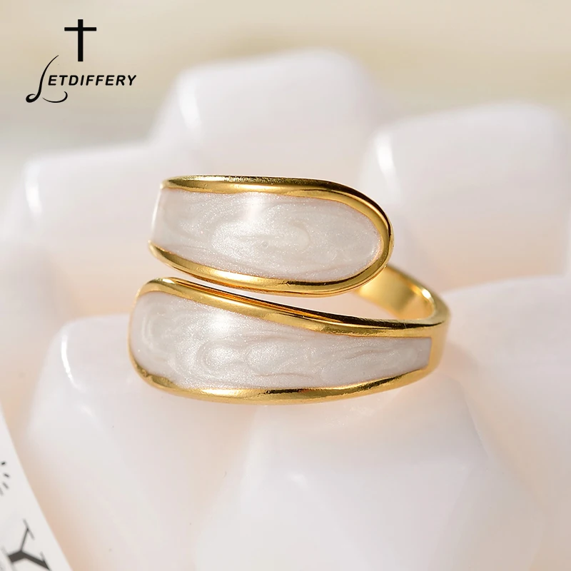 Letdiffery Retro Gold Color Double Oil Drip Open Rings Stainless Steel For Women Luxury Irregular Adjustable Ring Trendy Jewelry