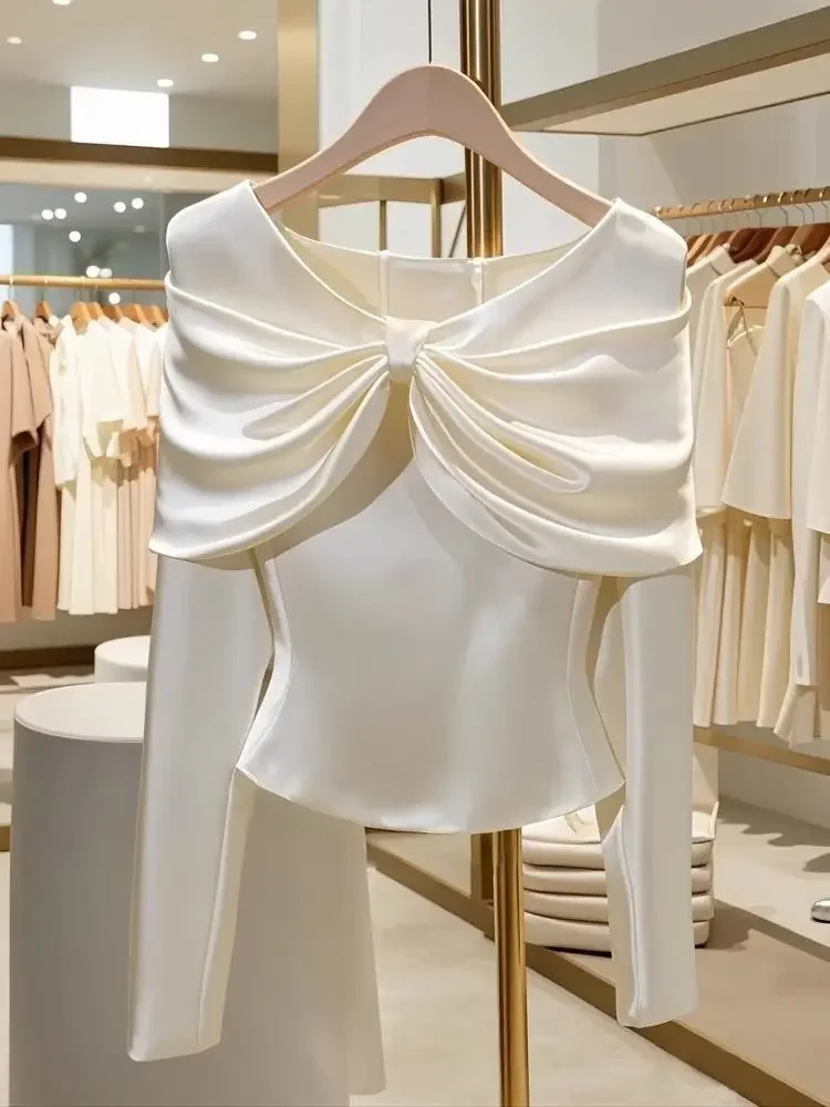 İlkbahar Sonbahar Fransız Moda Beyaz Bluz Kadın Üstleri Hafif Lüks High End Benzersiz V Yaka Ince Uzun Kollu Gömlek Kadın Giyim