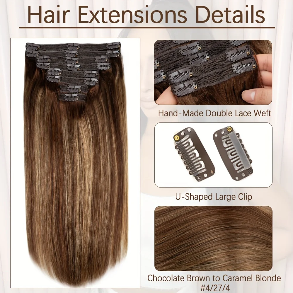 Clip in Hair Extensions Real Human Hair Straight Clip Ins 8 Pcs Brazilian Remy Hair Extensions for Women #4/27 Brown Highlights