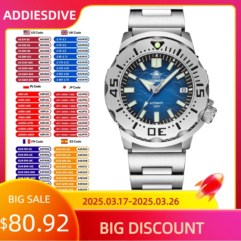 ADDIESDIVE New Sapphire Glass Automatic Mechanical Men Watch Luminous Waterproof 200m Steel Dive Watches DRESS 42MM Wristwatches