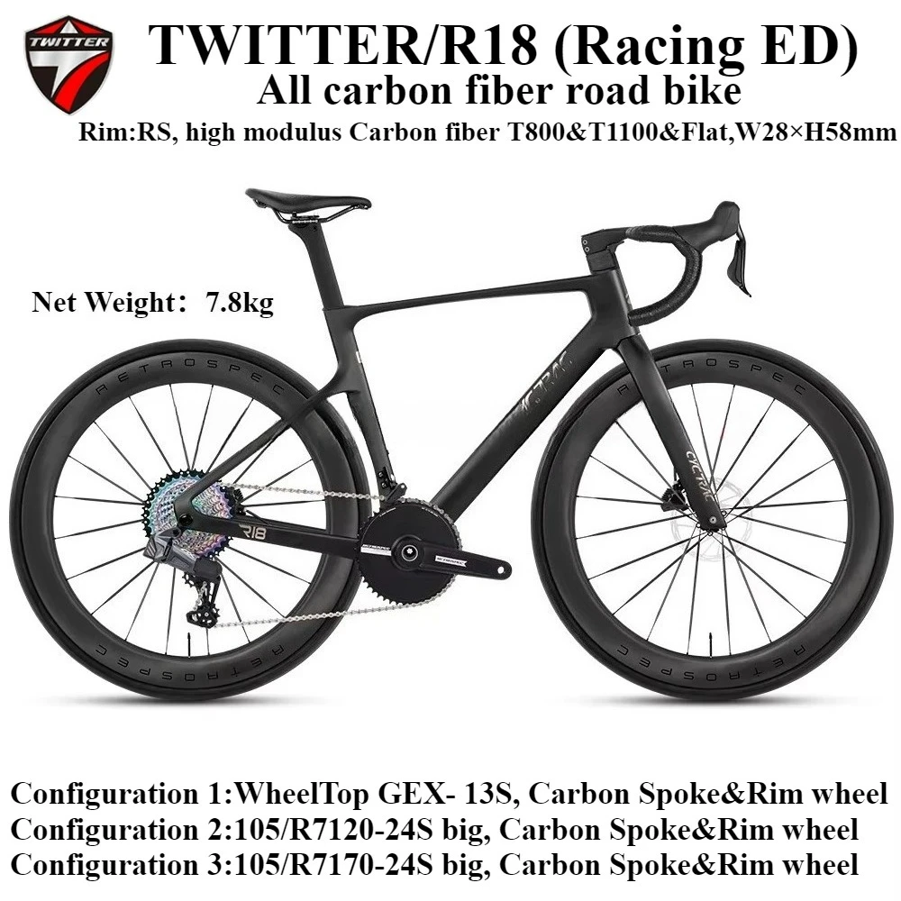 

Новый карбоновый шоссейный велосипед TWITTER R18 (racing ED) с гидравлическими дисковыми тормозами, колесами 700X28C, профессиональный гоночный велосипед.