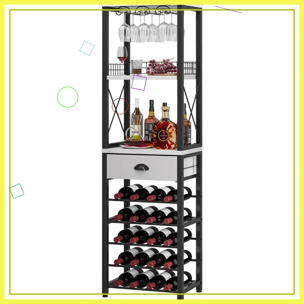 

Freestanding Wine Rack Floor, 4-Tier Bar Cabinet with Tabletop, Glass Holder & Drawer for Home Bar