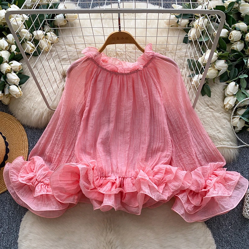 Women's Blouse Japanese Korean Fungus Ruffle Trim Long Sleeve Shirt Soft Solid Color Blouse Spring Fall Female Tops Asian BL628
