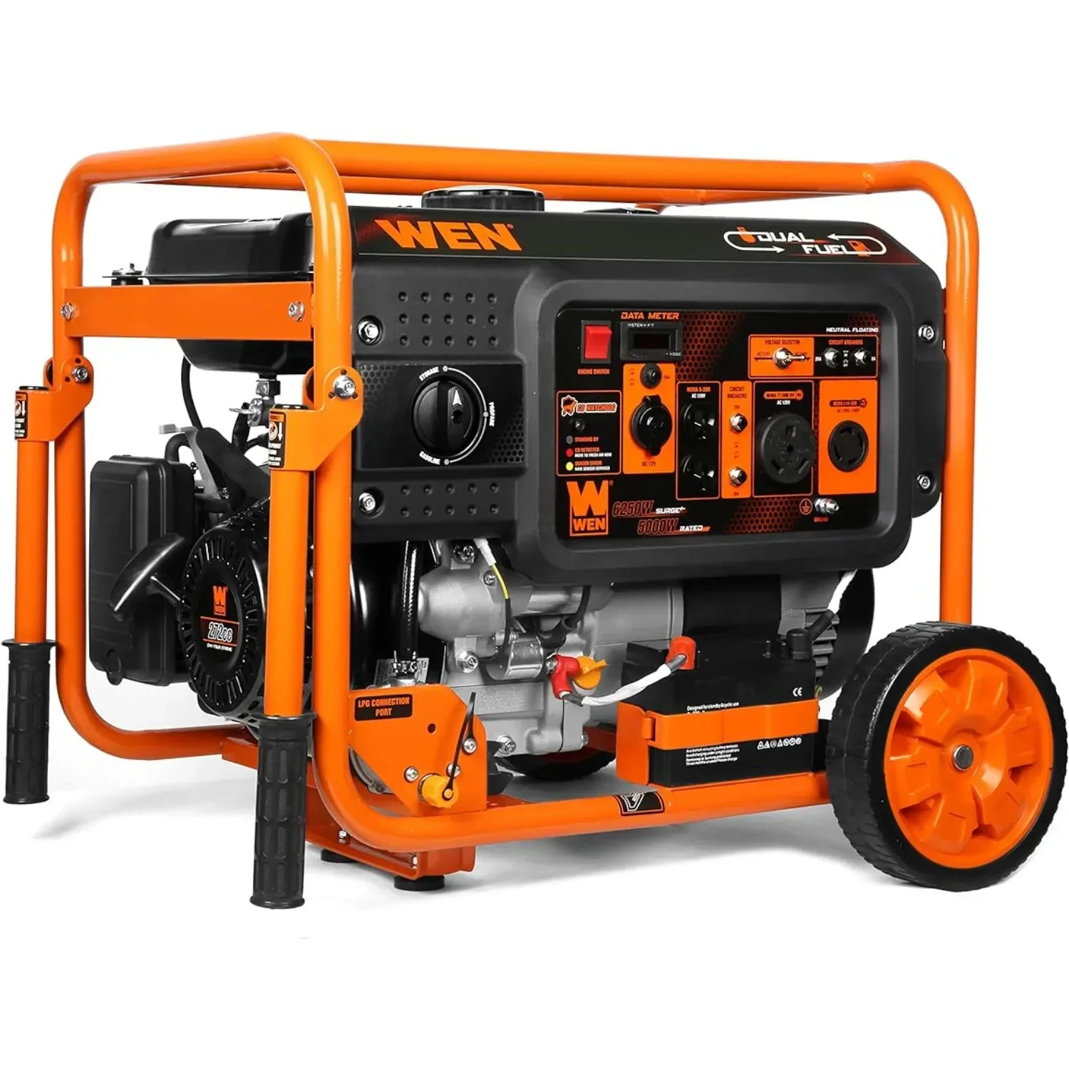 WEN DF623X 6250-W 120-V/240-V Dual Fuel Electric Start Portable Generator W/ Wheel Kit and CO Shutdown Sensor, Black | USA | NEW