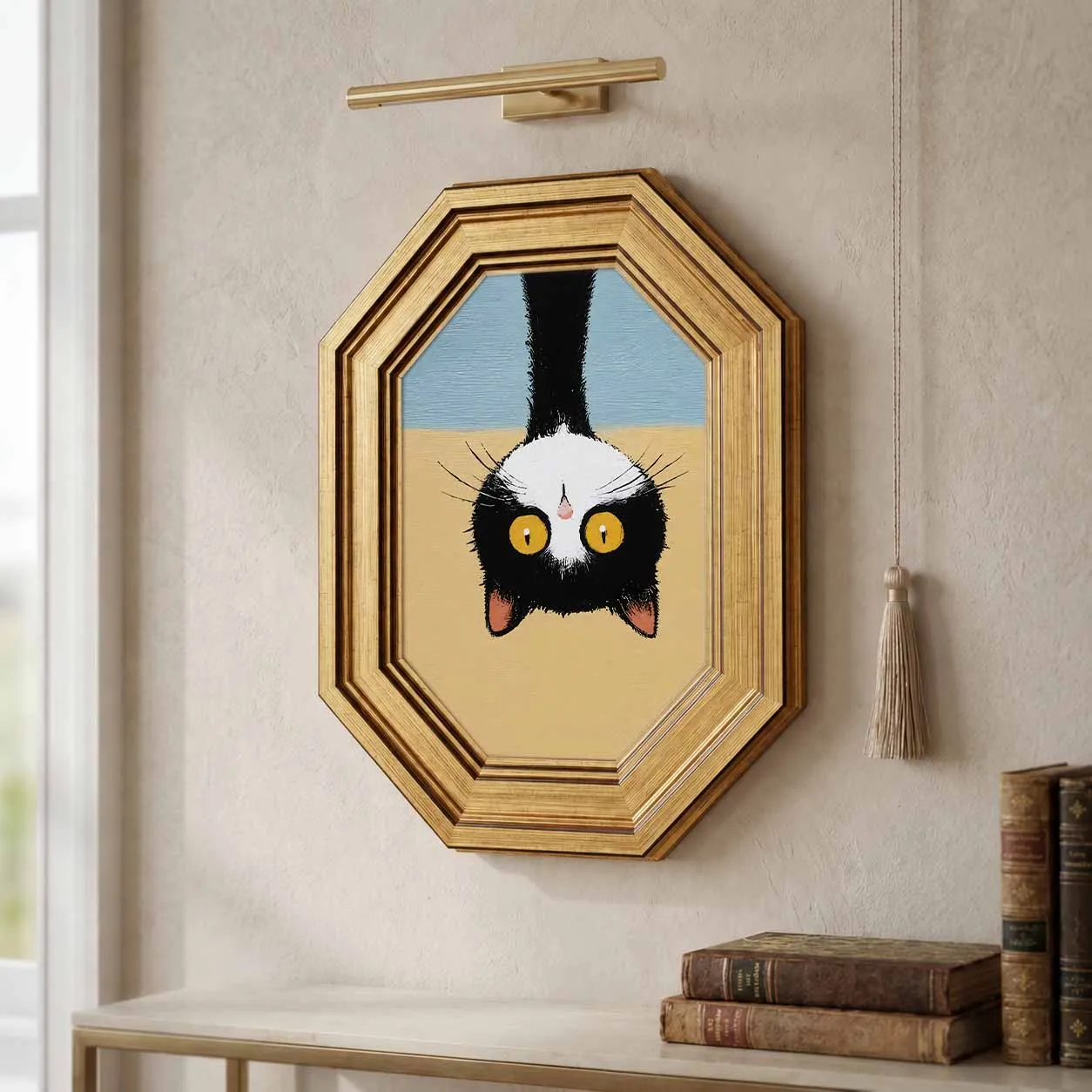 Vintage Octagonal Gold Frame Black White Cat Wall Decor, 2-in-1 Wall Mount & Tabletop Cute Kitten Painting