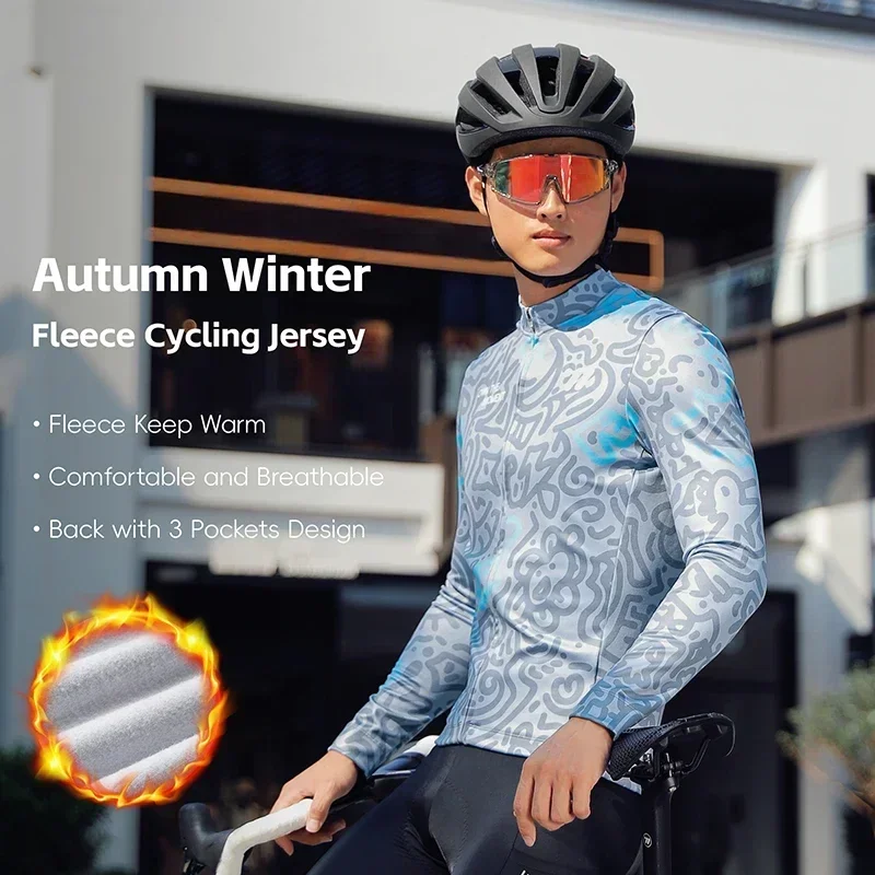 WEST BIKING Autumn Winter Men Cycling Jersey Long Sleeve Thin Brushed Fleece Shirt S-3XL Men Tops Bicycle Clothes Back Pockets