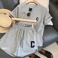 Women Tracksuit C Letter Print Short Sleeve T-shirt Drawstring Shorts Sport Suit Lady Exercise T-shirt Shorts Two-piece Suit