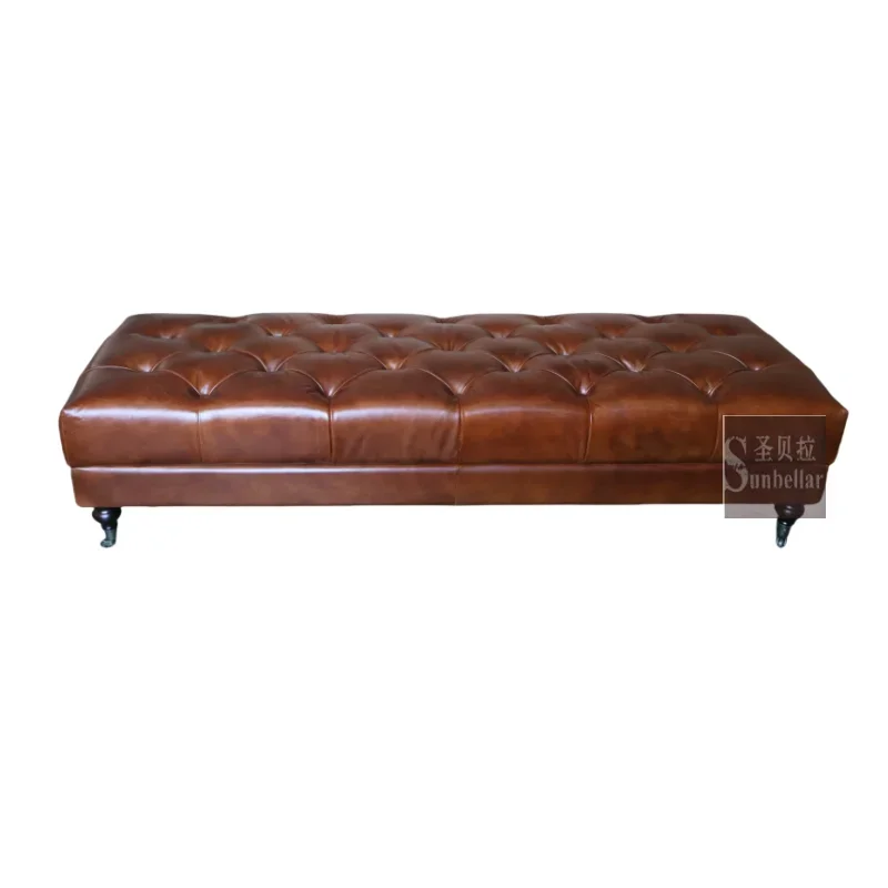 Customized Vintage Genuine Leather Fully Tufted Buttons Long Ottoman Bench Stool Living Room Center Table Bedroom Bed End Bench