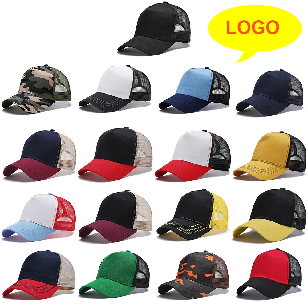 Custom Logo Basic Solid Color Mesh Breathable Baseball Cap Summer Sunshade Mesh Cap 5 Panels Truck Cap Driver Cap Wholesale