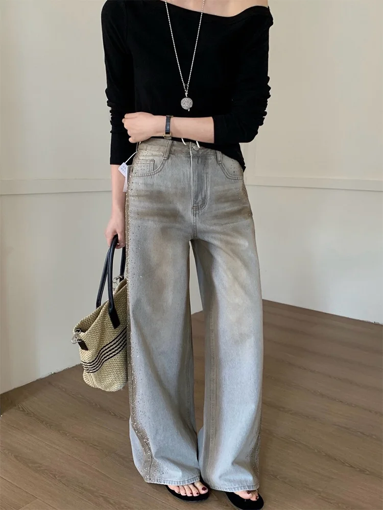 

Джинсы женские больших размеров в американском стиле, новые, ретро, свободного кроя, широкие, в пол, с блестками