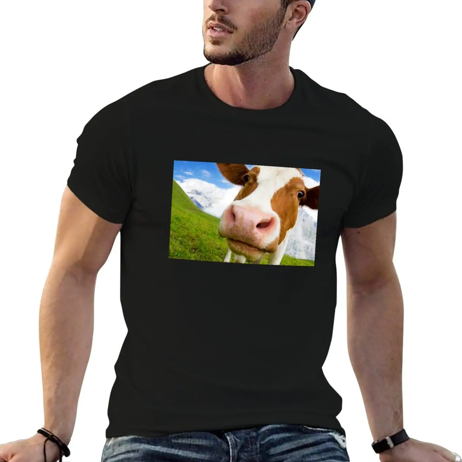 Swiss cow with big nose, wide angle shot T-Shirt Plus Size Comfort Fit Tee