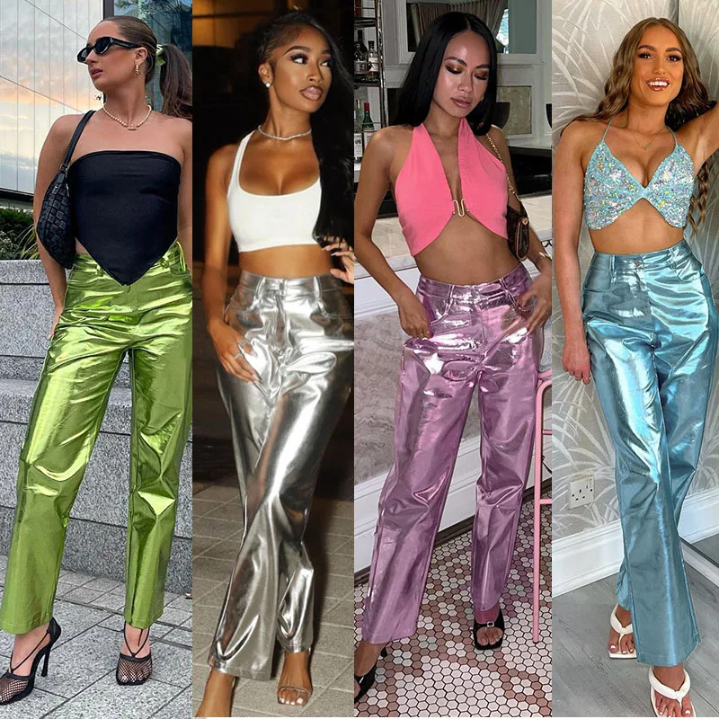 High Waist PU Leather Pants Candy Color Casual Shiny Street Style Spring 2023 Women's Fashion Sexy Party Trousers