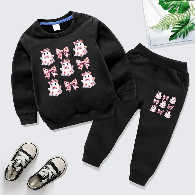 7-14 Years Girls Sweatshirt Set Halloween Pink Bow Ghost Print Pullovers Matching Pants 2pc Suit Cartoon Autumn Kids Tracksuit