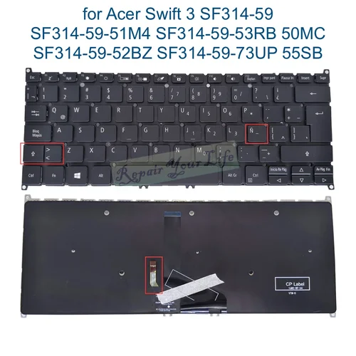 Imagen 2 del producto Teclado Latino español retroiluminado, accesorio para Acer Swift 3, SF314-59, SF314-59-51M4, 50MC, SF314-59-53RB, SF314-59-52BZ, 55SB